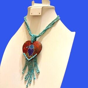 Mandala Dot Art Painted Heart-Shaped Coconut Beaded Necklace